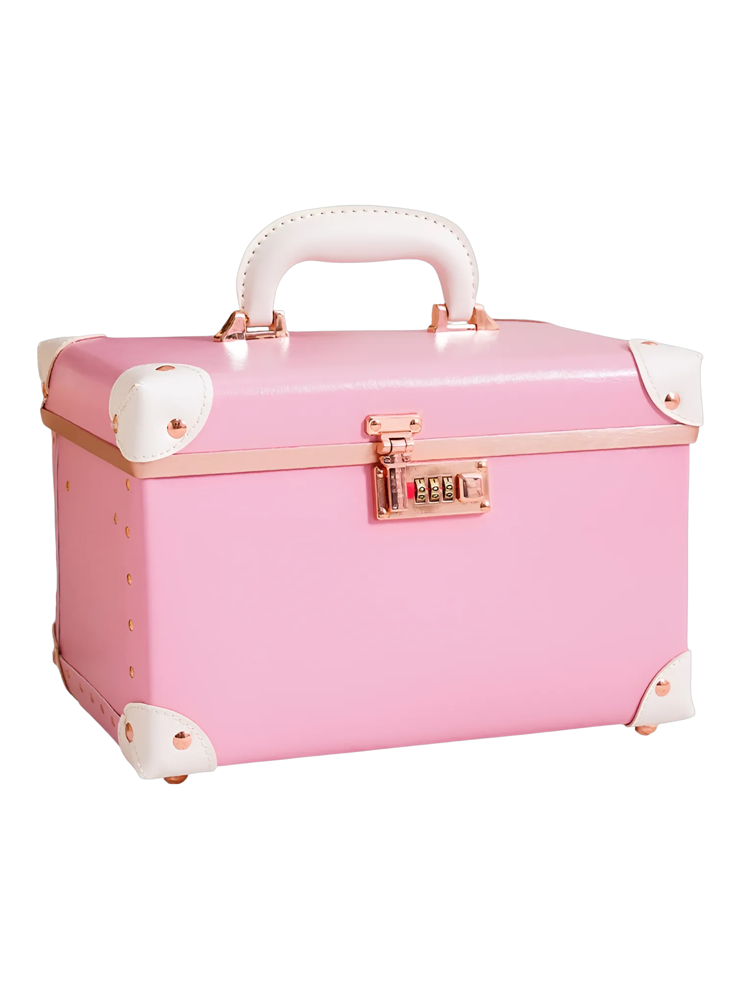 Vanity mallette de maquillage coiffeuse portable avec miroir rose avec poignée blanche et détails en rose gold