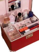 Vanity mallette de maquillage coiffeuse portable avec miroir rouge avec produits de beauté essentiels et miroir intégré Vanity mallette de maquillage coiffeuse portable avec miroir rouge avec produits de beauté essentiels et miroir intégré