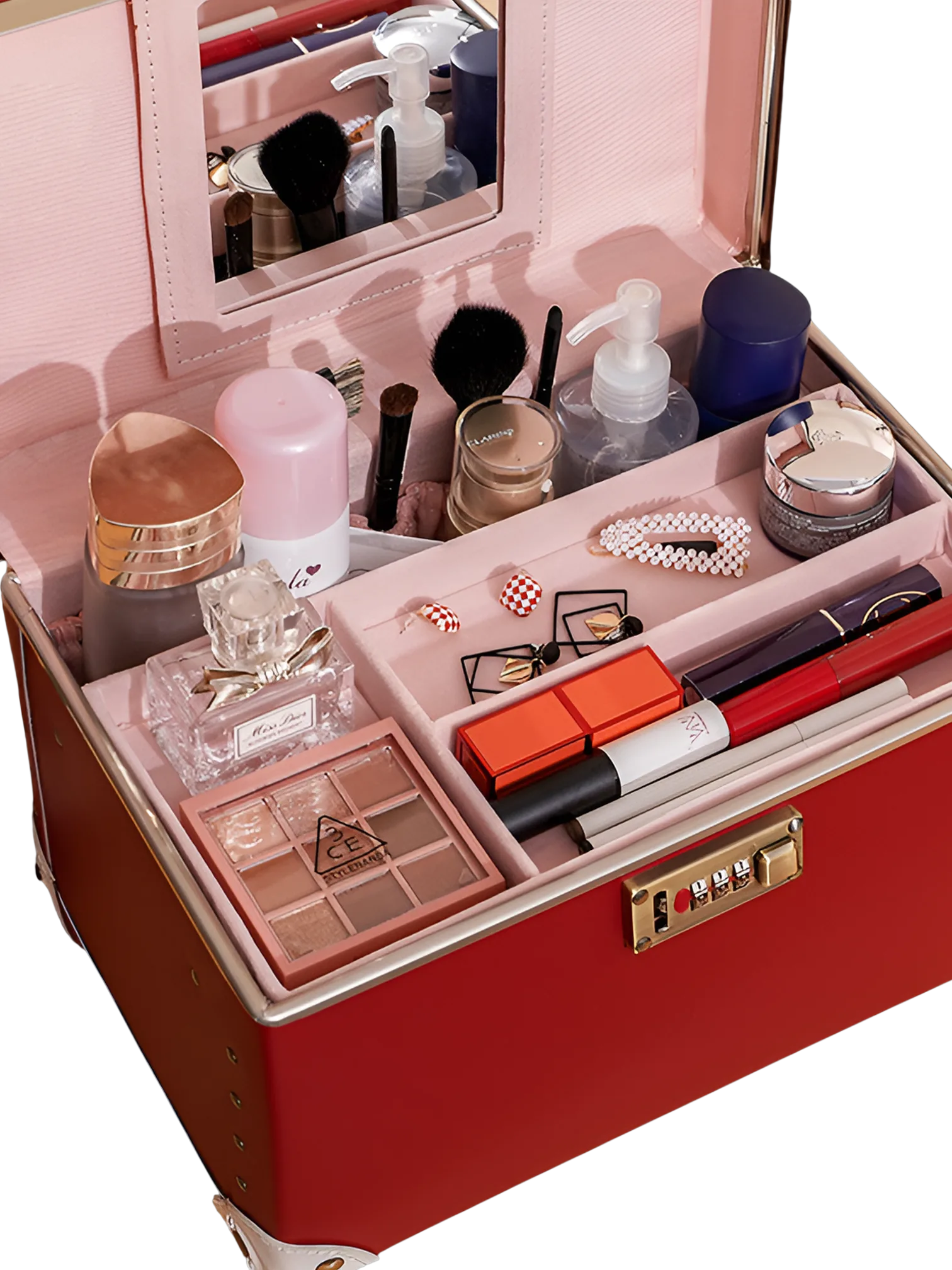 Vanity mallette de maquillage coiffeuse portable avec miroir rouge avec produits de beauté essentiels et miroir intégré