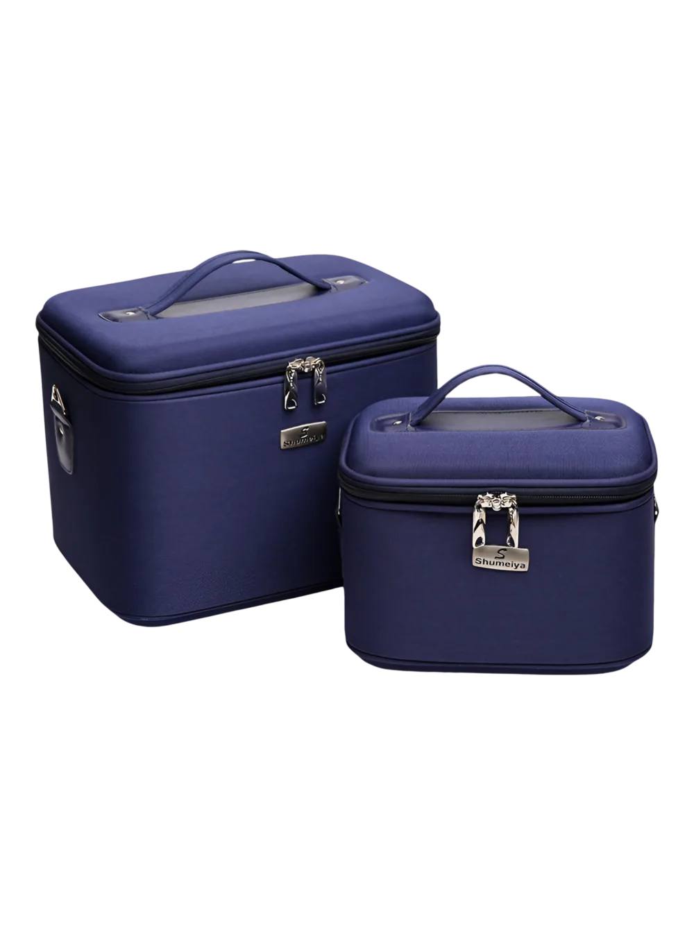 Vanity rigide pour rangement de maquillage et accessoires femme en navy avec deux tailles et poignée pratique Vanity rigide pour rangement de maquillage et accessoires femme en navy avec deux tailles et poignée pratique