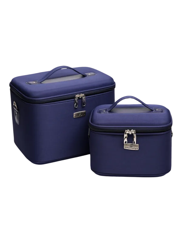 Vanity rigide pour rangement de maquillage et accessoires femme en navy avec deux tailles et poignée pratique