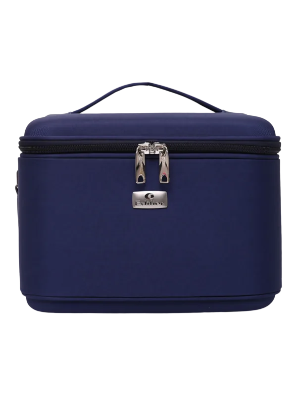 Vanity rigide pour rangement de maquillage et accessoires femme en tissu navy compacte avec poignée pratique