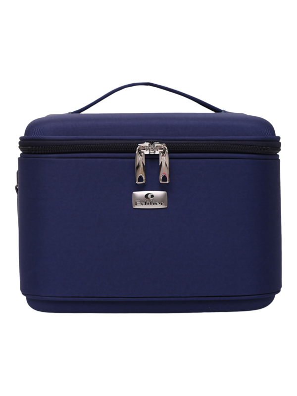 Vanity rigide pour rangement de maquillage et accessoires femme en tissu navy compacte avec poignée pratique