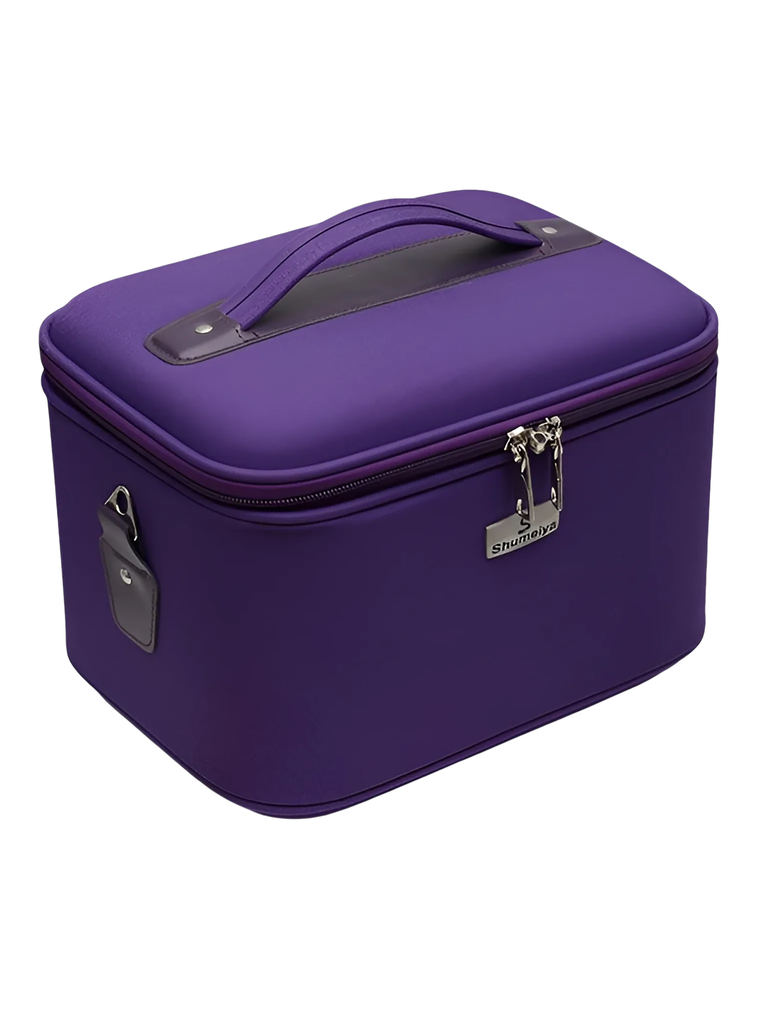 Vanity rigide pour rangement de maquillage et accessoires femme en tissu violet avec poignée ergonomique et fermeture éclair