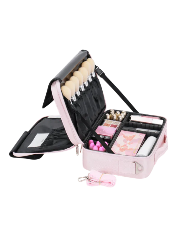 Mallette de maquillage professionnelle compacte avec rangements modulables variation petit format rose
