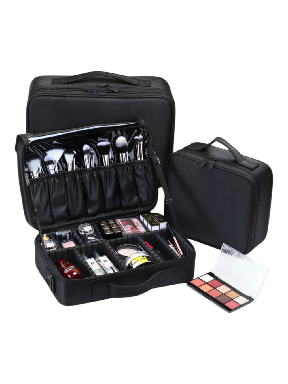 Mallette de maquillage professionnelle de transport avec bandouliere et rangements modulables variation noir grand format