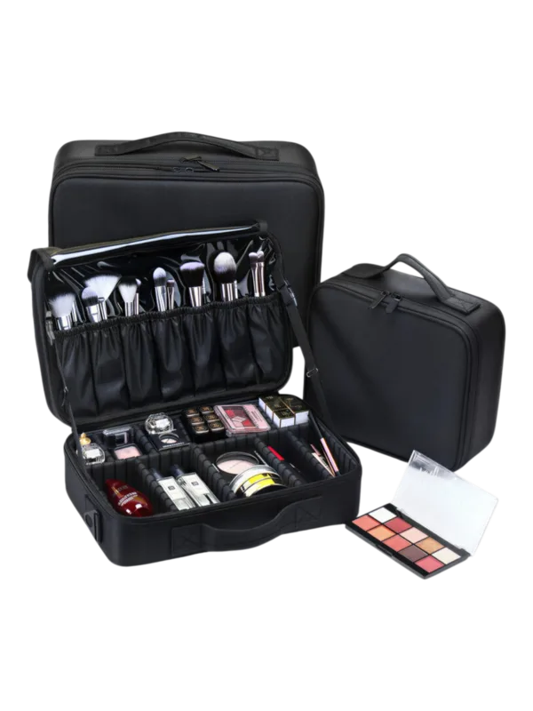 Mallette de maquillage professionnelle de transport avec bandouliere et rangements modulables variation noir grand format
