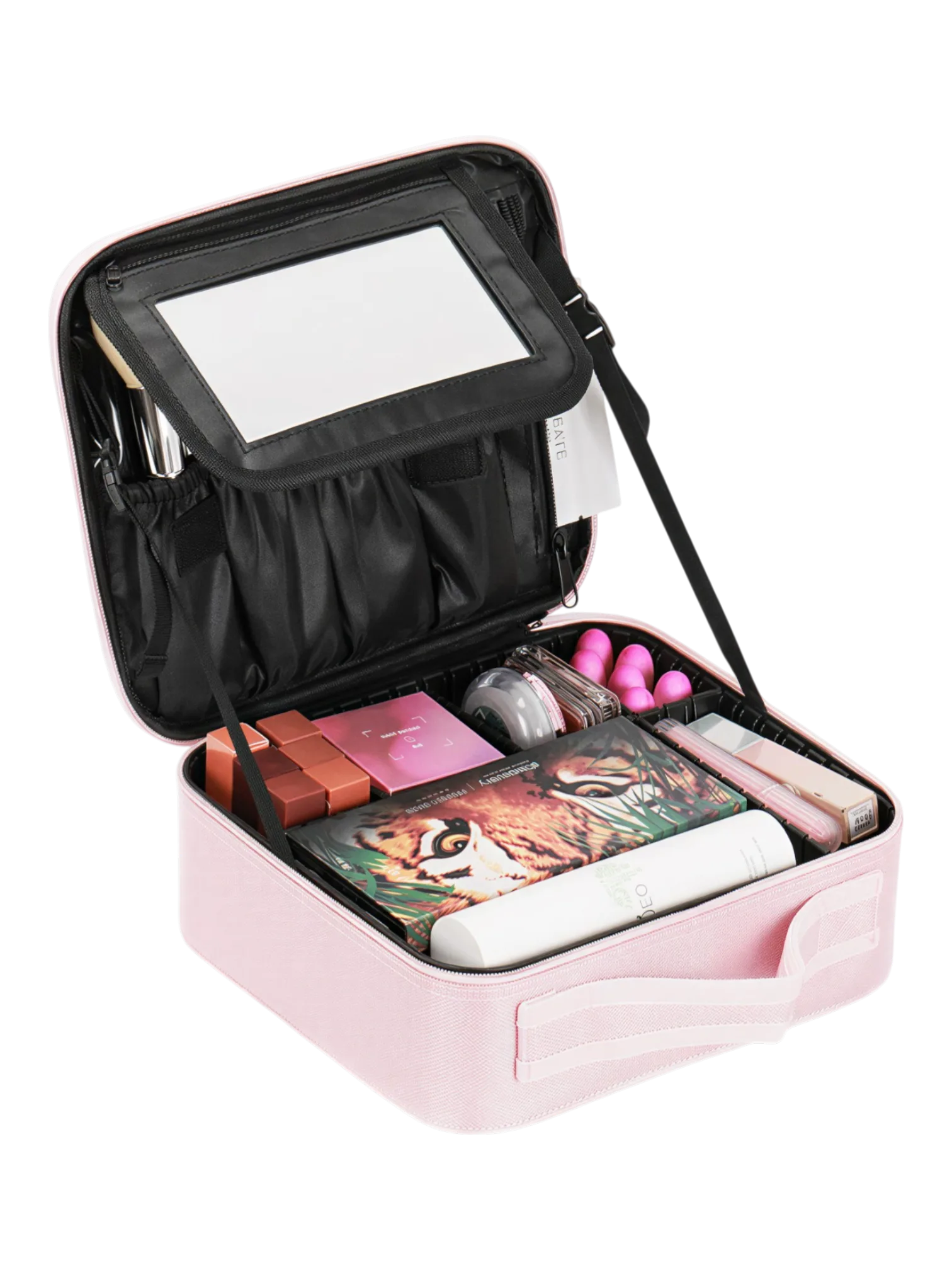 Mallette de maquillage professionnelle mini avec miroir et rangements modulables variation rose