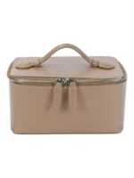 Petit vanity trousse de maquillage en cuir véritable couleur nude compacte avec poignée et fermeture éclair élégante