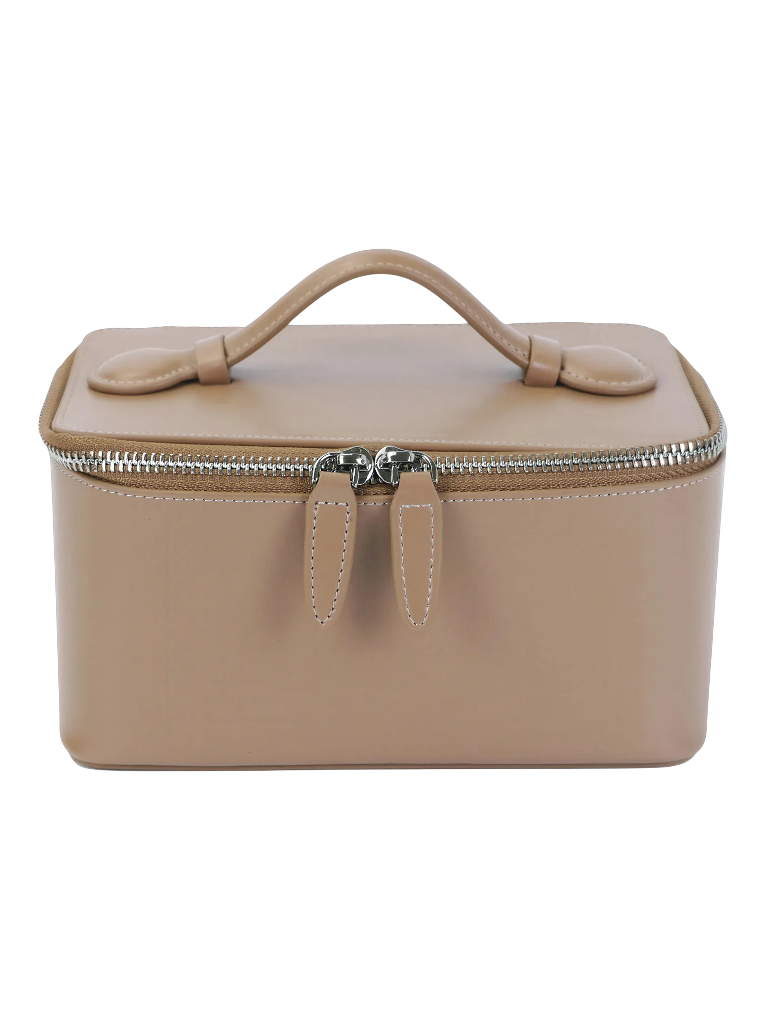 Petit vanity trousse de maquillage en cuir véritable couleur nude compacte avec poignée et fermeture éclair élégante