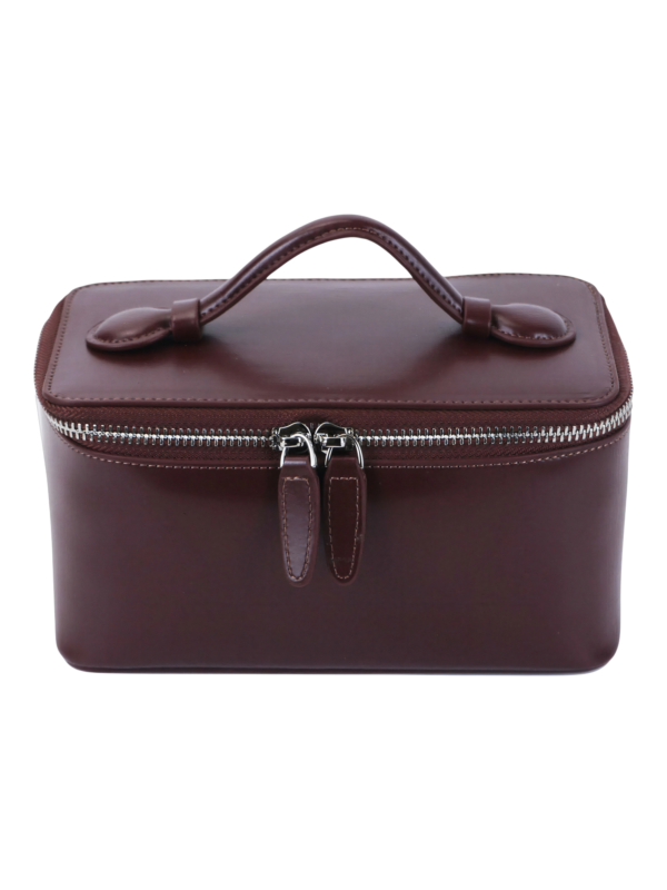 Petit vanity trousse de maquillage en cuir véritable cuir brun foncé avec poignée et zipper élégante pour femmes Petit vanity trousse de maquillage en cuir véritable cuir brun foncé avec poignée et zipper élégante pour femmes