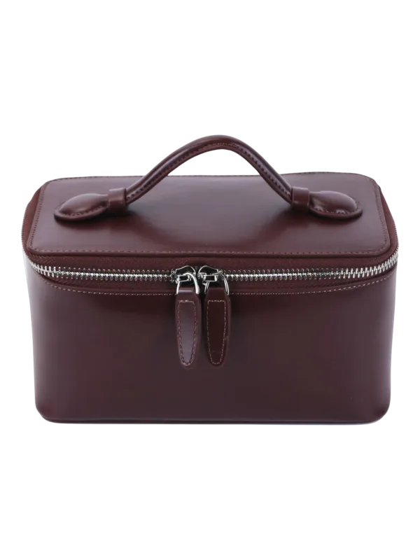 Petit vanity trousse de maquillage en cuir véritable cuir brun foncé avec poignée et zipper élégante pour femmes