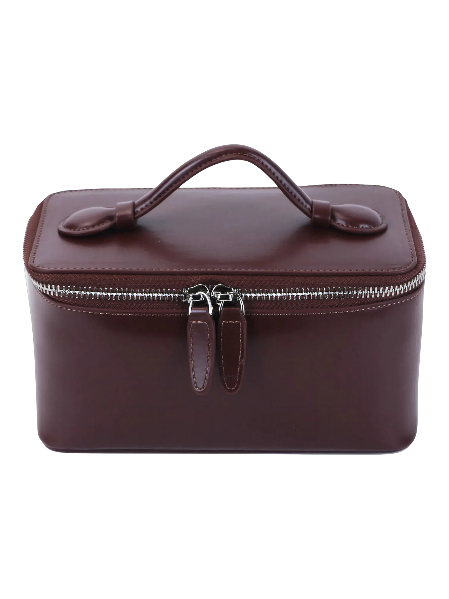 Petit vanity trousse de maquillage en cuir véritable cuir brun foncé avec poignée et zipper élégante pour femmes