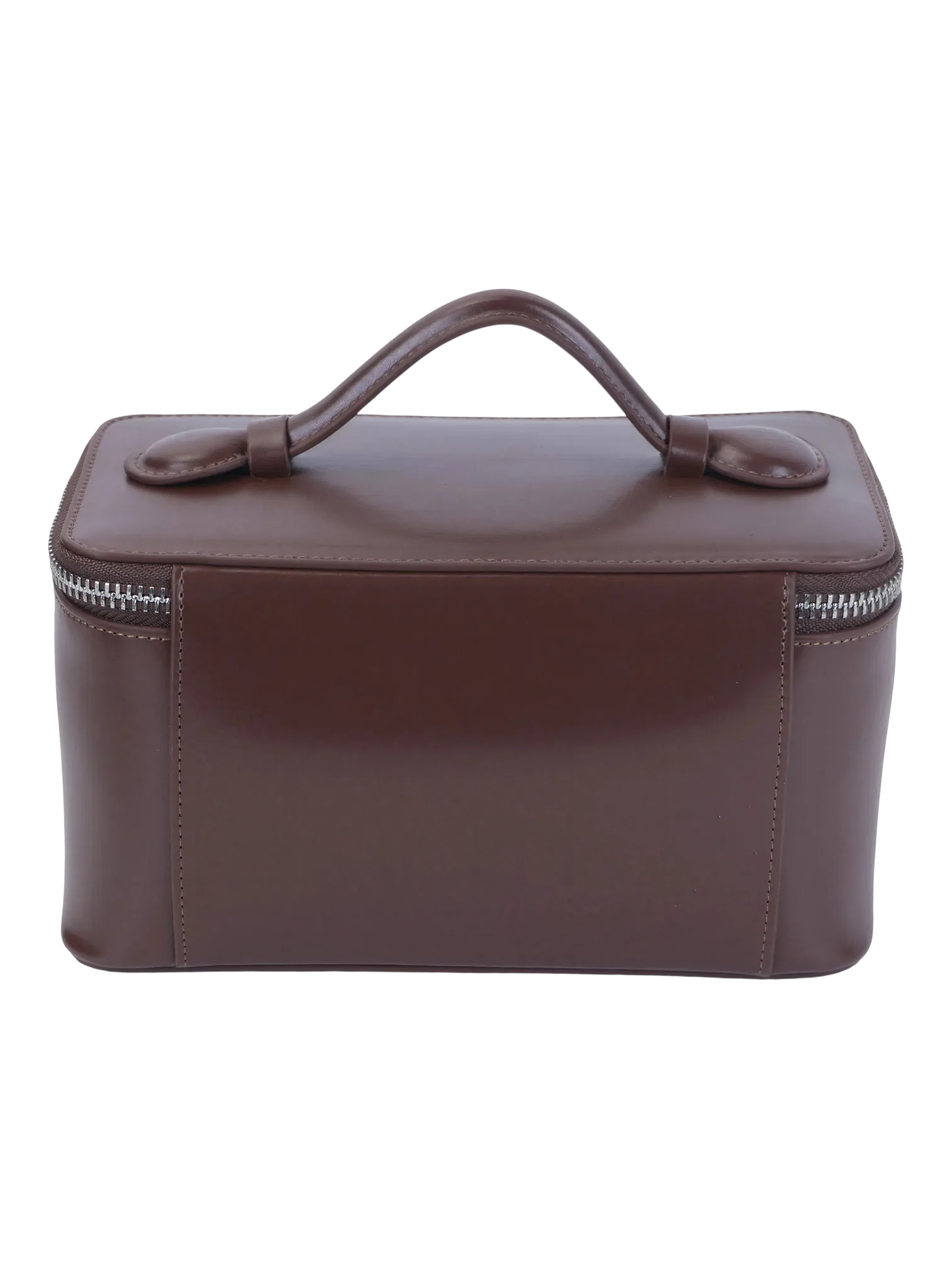 Petit vanity trousse de maquillage en cuir véritable marron brillant compacte avec zip et poignée indispensable pour voyages