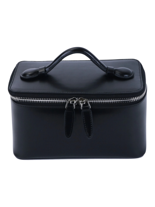 Petit vanity trousse de maquillage en cuir véritable noir haut de gamme avec poignée en cuir zipper durable pour cosmétiques