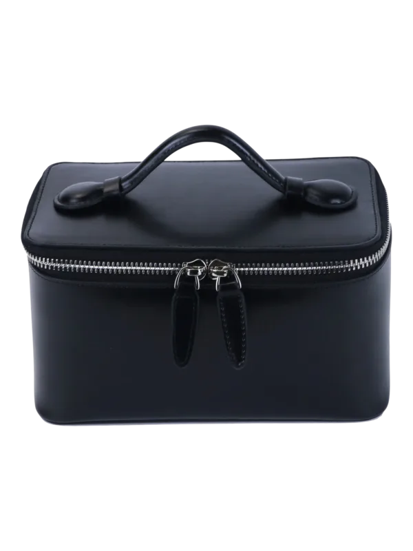 Petit vanity trousse de maquillage en cuir véritable noir haut de gamme avec poignée en cuir zipper durable pour cosmétiques