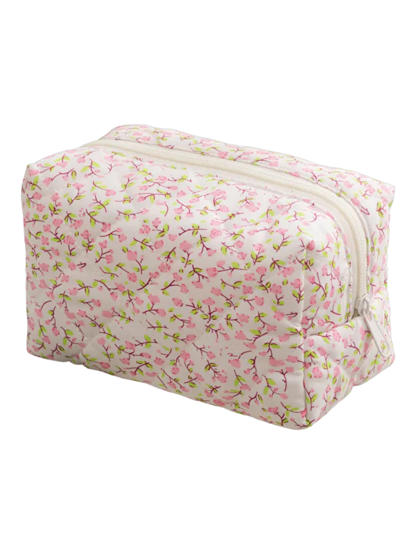 Trousse de toilette femme fleurie trousse maquillage motif fleurs colorée en tissu rose avec des fleurs petites détails féminins