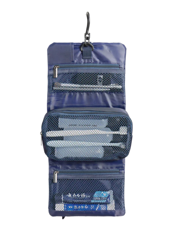 Trousse de toilette homme compacte pliable à suspendre avec multiple compartiments en filet bleu pour voyage