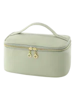 Trousse maquillage avec élastiques compartiments et rangement pinceaux couleur vert avec poignée et fermeture éclair