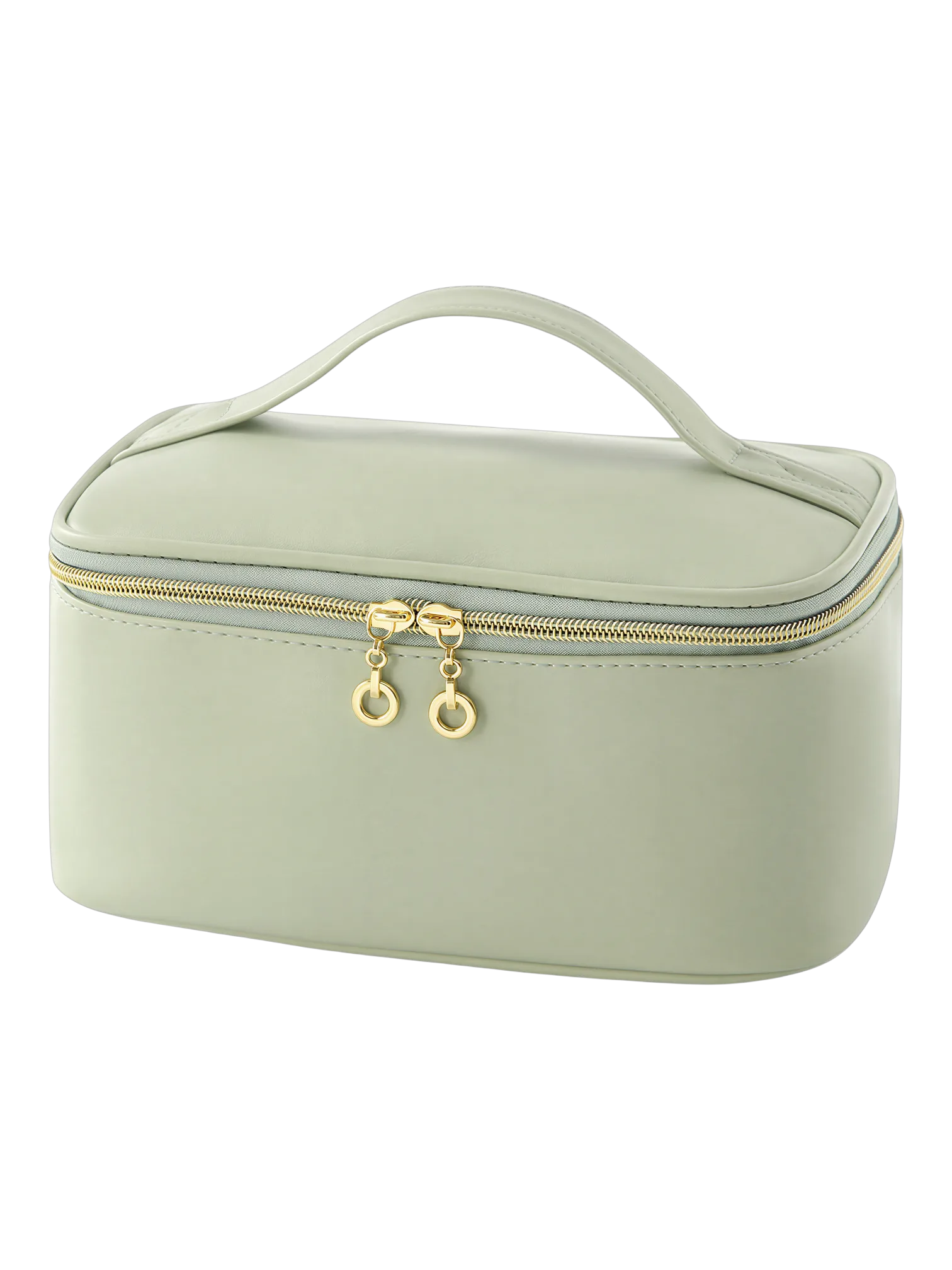 Trousse maquillage avec élastiques compartiments et rangement pinceaux couleur vert avec poignée et fermeture éclair