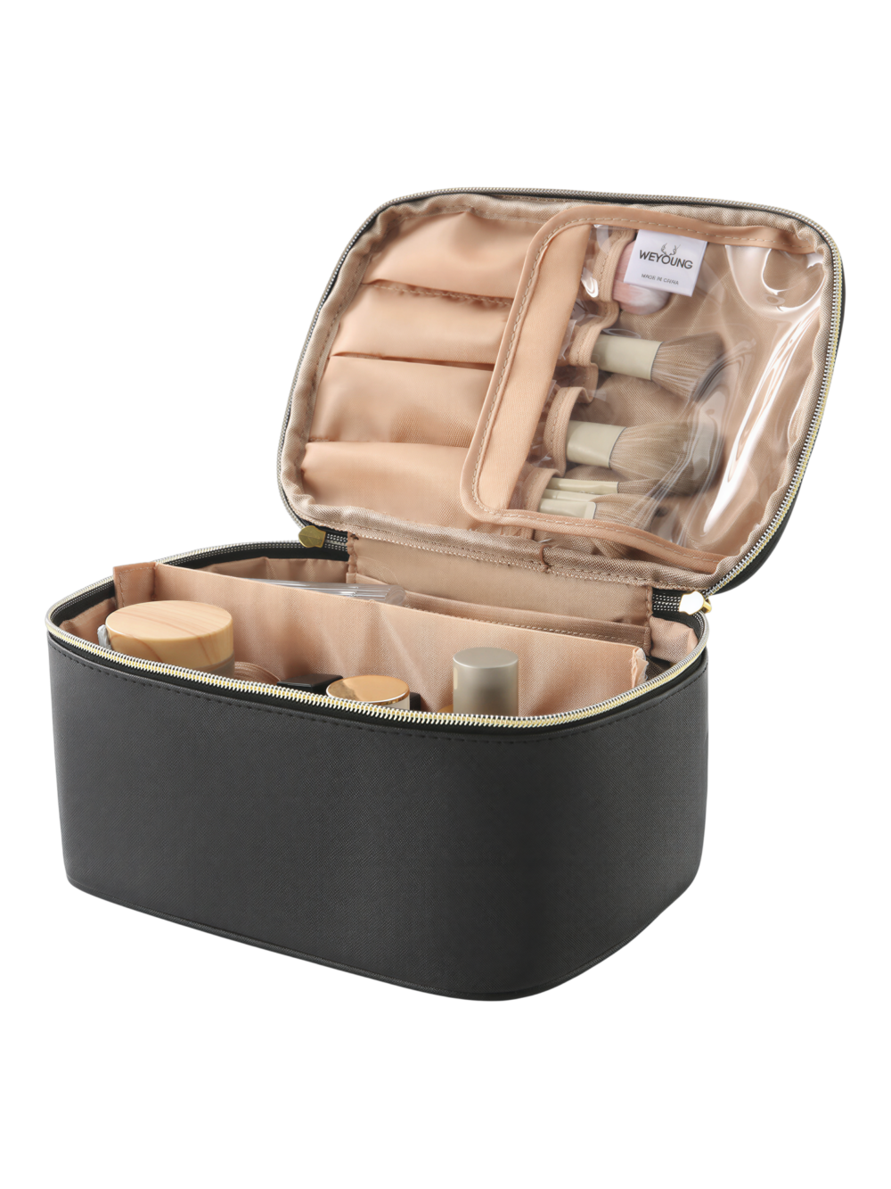 Trousse maquillage avec élastiques compartiments et rangement pinceaux pour brosses et produits cosmétiques élégante en noir Trousse maquillage avec élastiques compartiments et rangement pinceaux pour brosses et produits cosmétiques élégante en noir