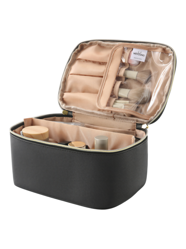 Trousse maquillage avec élastiques compartiments et rangement pinceaux pour brosses et produits cosmétiques élégante en noir