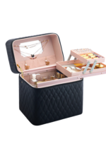 Vanity case de maquillage rigide complet multiple compartiment design embossé matelassé avec miroir doublé rose chic équipé mi ouvert avec accessoires