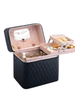 Vanity case de maquillage rigide complet multiple compartiment design embossé matelassé avec miroir doublé rose chic équipé mi ouvert avec accessoires