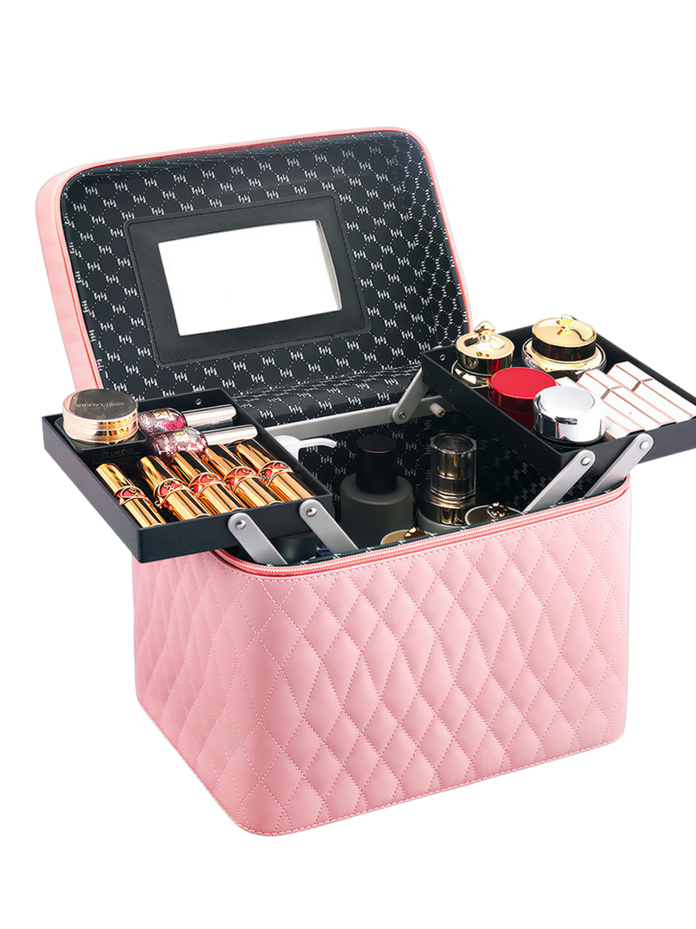 Vanity case de maquillage rigide complet multiple compartiment design embossé matelassé avec miroir en pink avec miroir et cosmétiques Vanity case de maquillage rigide complet multiple compartiment design embossé matelassé avec miroir en pink avec miroir et cosmétiques