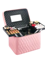 Vanity case de maquillage rigide complet multiple compartiment design embossé matelassé avec miroir en pink avec miroir et cosmétiques Vanity case de maquillage rigide complet multiple compartiment design embossé matelassé avec miroir en pink avec miroir et cosmétiques