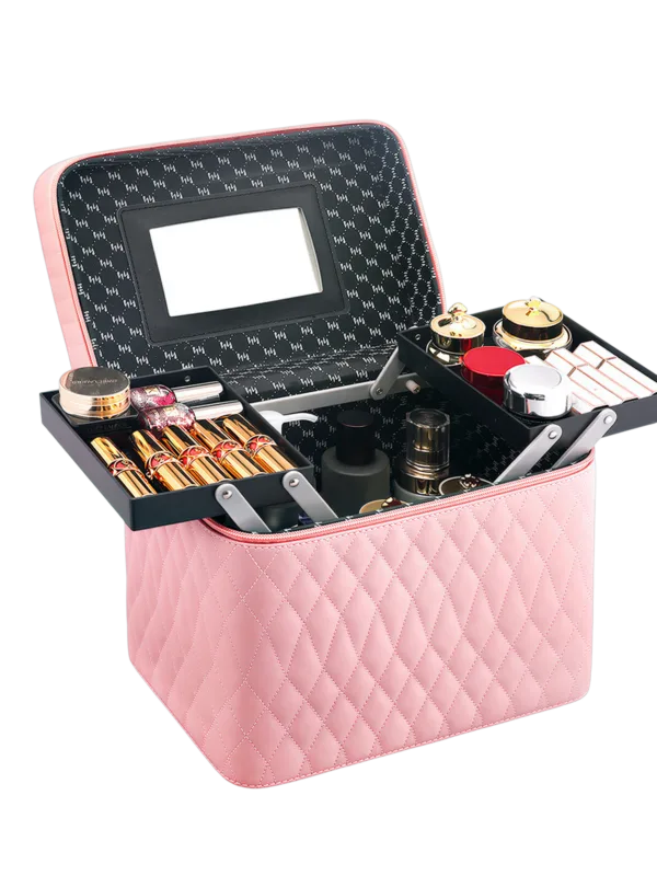 Vanity case de maquillage rigide complet multiple compartiment design embossé matelassé avec miroir en pink avec miroir et cosmétiques