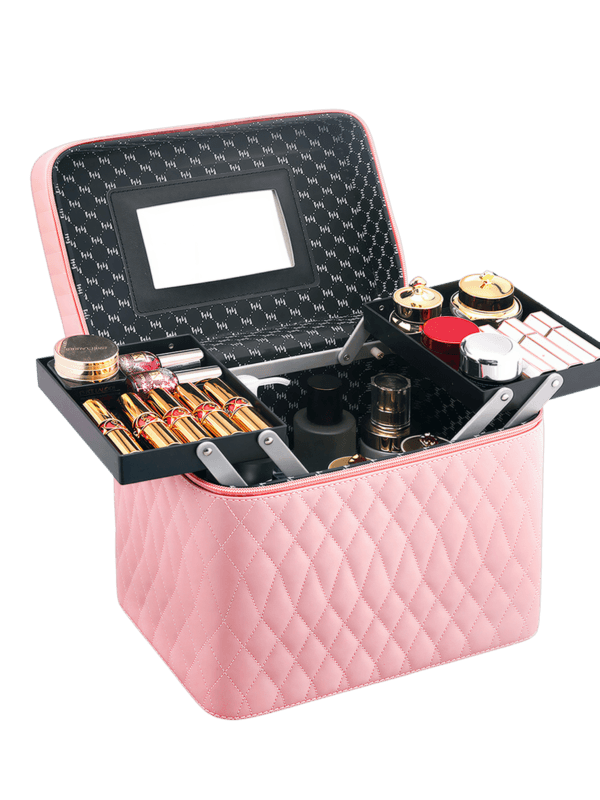 Vanity case de maquillage rigide complet multiple compartiment design embossé matelassé avec miroir en pink avec miroir et cosmétiques