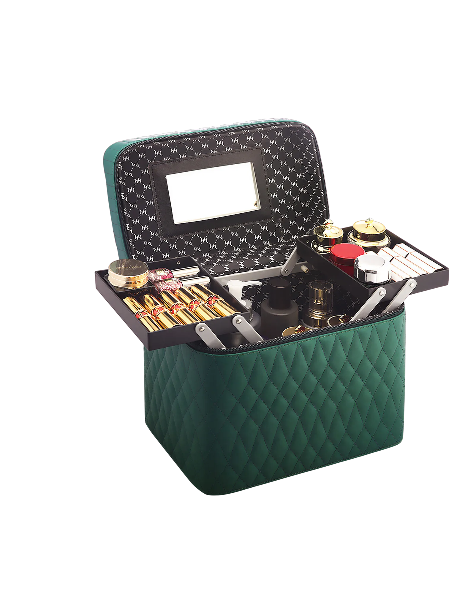 Vanity case de maquillage rigide complet multiple compartiment design embossé matelassé avec miroir et accessoires maquillage high quality