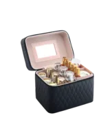 Vanity case de maquillage rigide complet multiple compartiment design embossé matelassé avec miroir noir avecidre gold essentiels