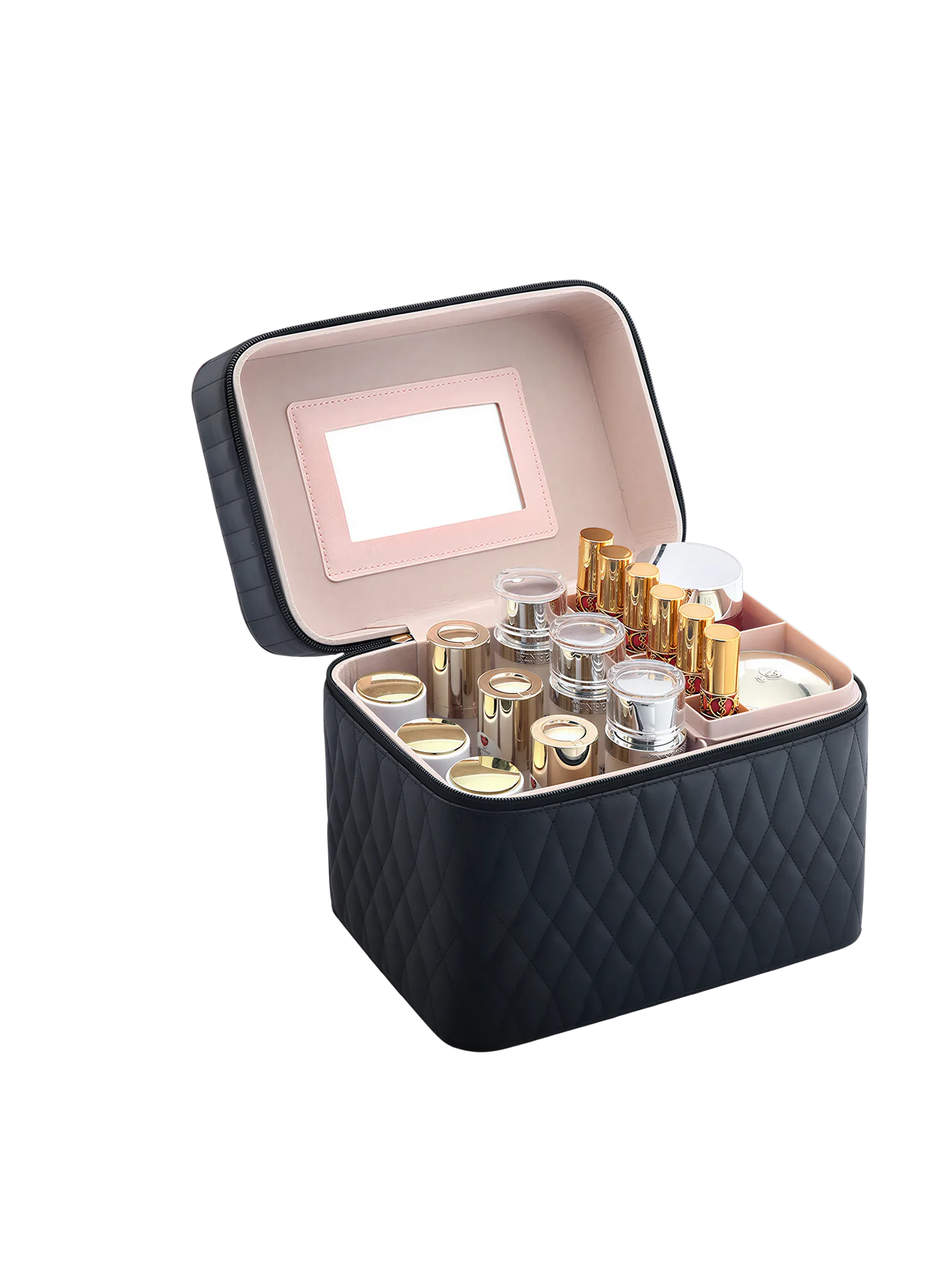 Vanity case de maquillage rigide complet multiple compartiment design embossé matelassé avec miroir noir avecidre gold essentiels