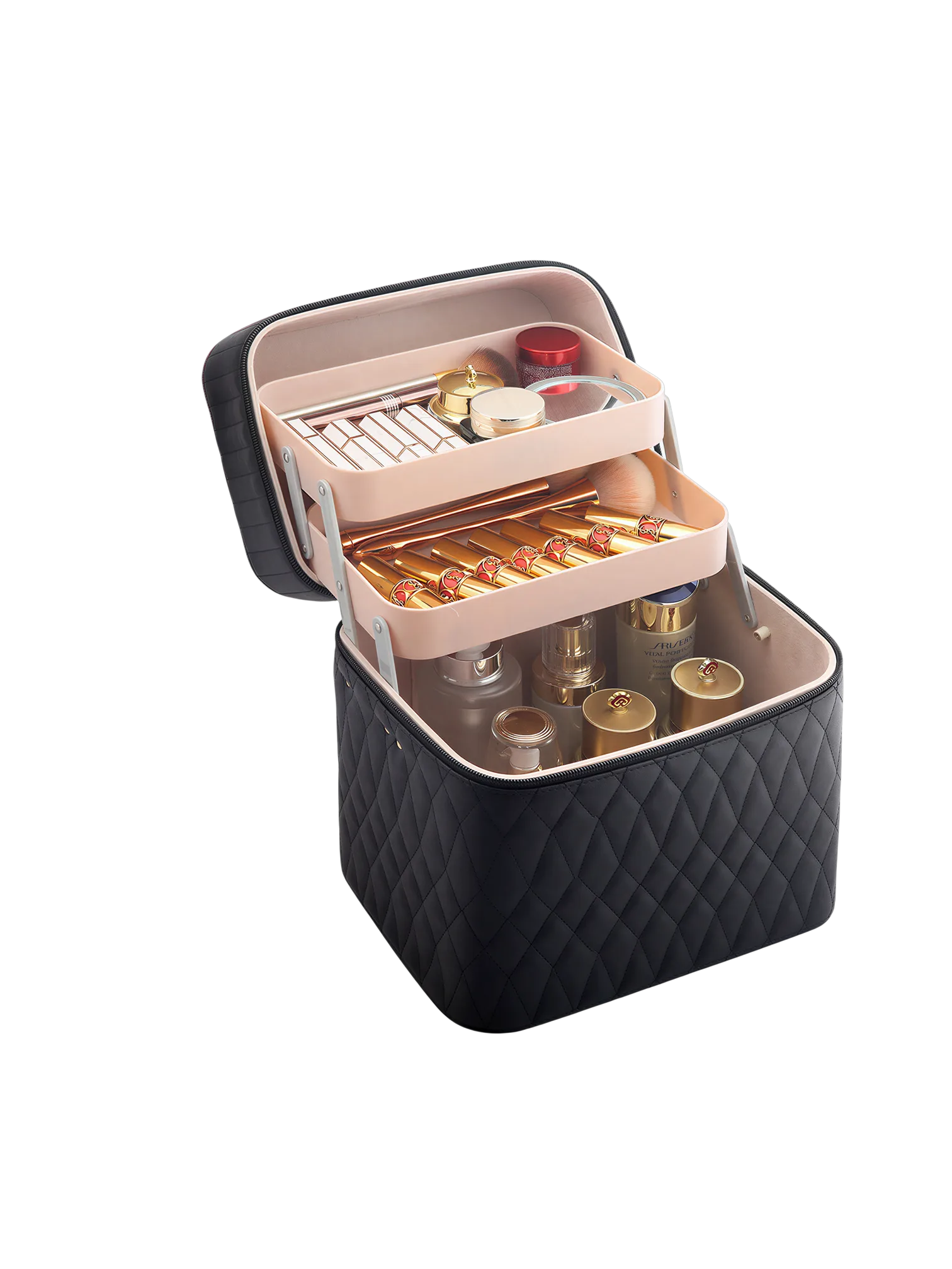 Vanity case de maquillage rigide complet multiple compartiment design embossé matelassé avec miroir noir élégant à rouler avec miroir intégré