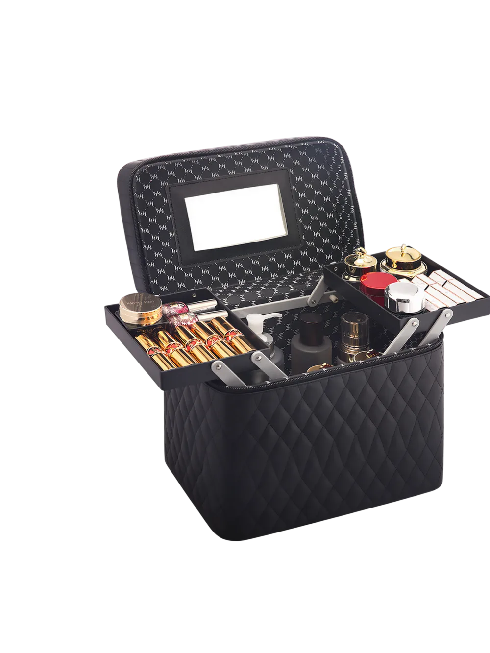 Vanity case de maquillage rigide complet multiple compartiment design embossé matelassé avec miroir noir et détails or Vanity case de maquillage rigide complet multiple compartiment design embossé matelassé avec miroir noir et détails or