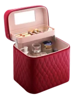 Vanity case de maquillage rigide complet multiple compartiment design embossé matelassé avec miroir rouge élégant et pratique