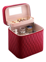 Vanity case de maquillage rigide complet multiple compartiment design embossé matelassé avec miroir rouge élégant et pratique Vanity case de maquillage rigide complet multiple compartiment design embossé matelassé avec miroir rouge élégant et pratique