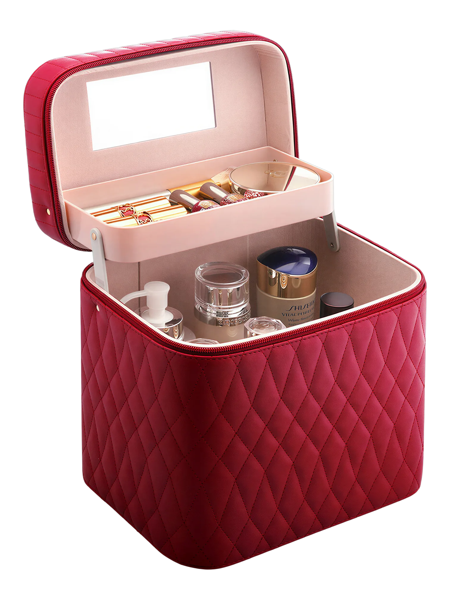 Vanity case de maquillage rigide complet multiple compartiment design embossé matelassé avec miroir rouge élégant et pratique