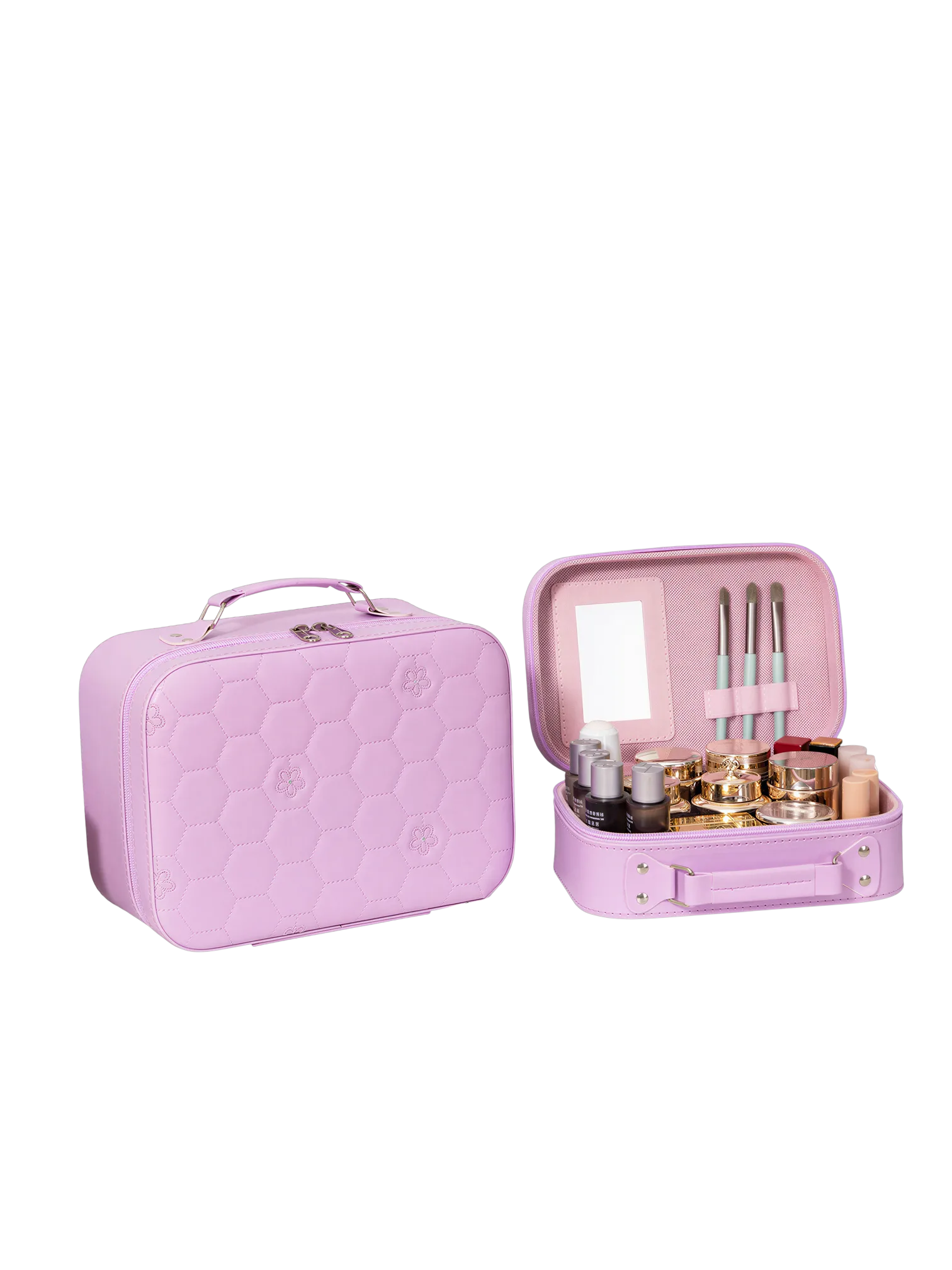 Vanity case rigide pour le maquillage avec perles motif nid d abeille couleur rose et structuré en matière synthétique PU S