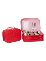 Vanity case rigide pour le maquillage avec perles motif nid d abeille en tanné rouge avec brosses et contenant pour cosmétiques L Vanity case rigide pour le maquillage avec perles motif nid d abeille en tanné rouge avec brosses et contenant pour cosmétiques L