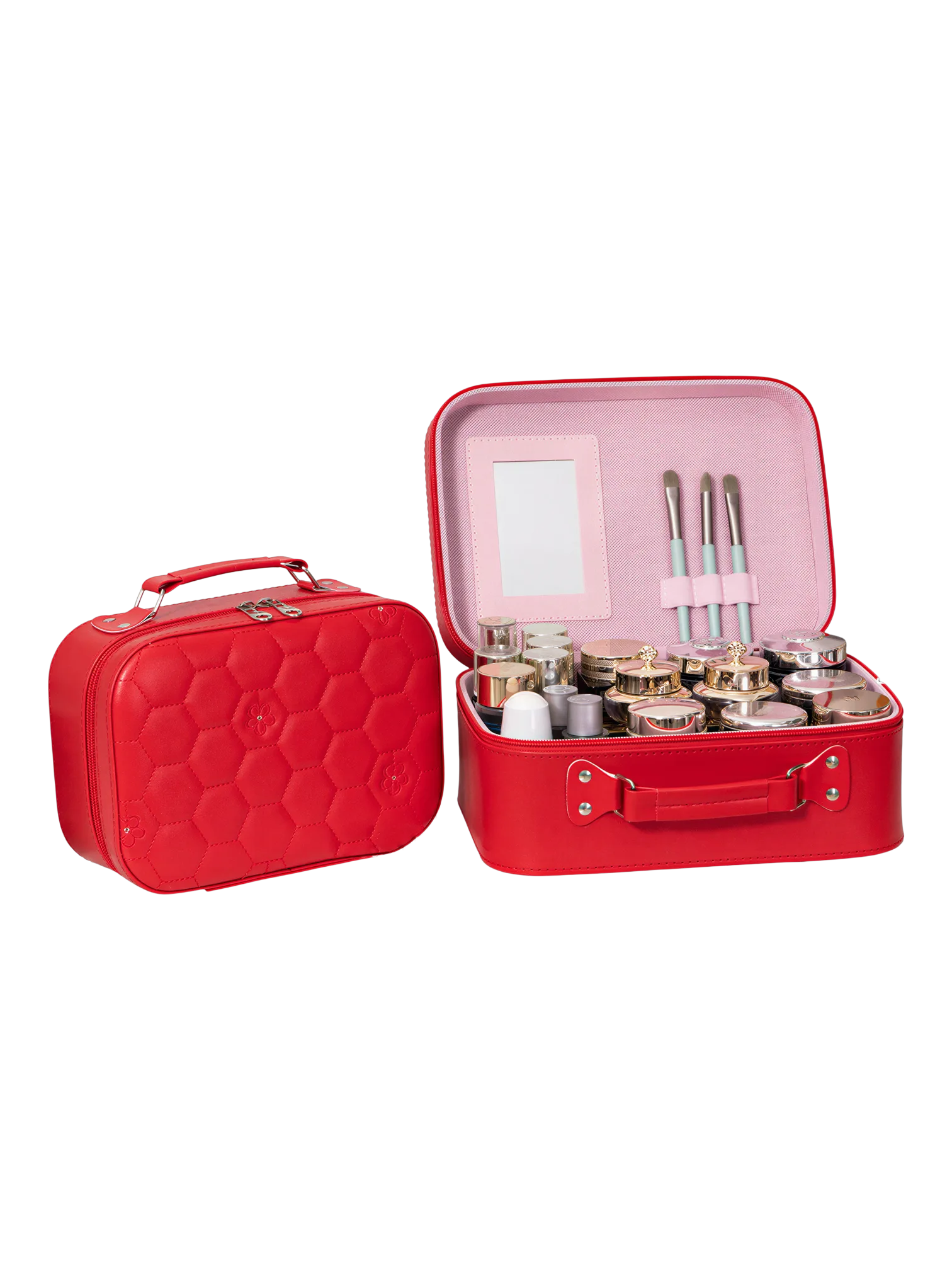 Vanity case rigide pour le maquillage avec perles motif nid d abeille en tanné rouge avec brosses et contenant pour cosmétiques L