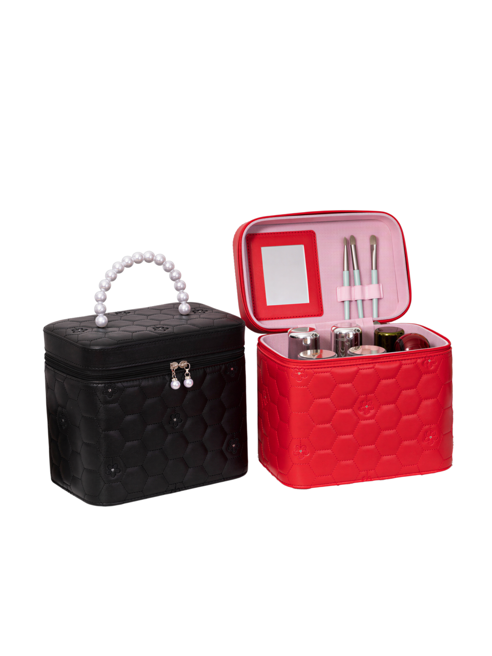 Vanity case rigide pour le maquillage avec perles motif nid d abeille noir et rouge compact et pratique pour cosmétiques Vanity case rigide pour le maquillage avec perles motif nid d abeille noir et rouge compact et pratique pour cosmétiques