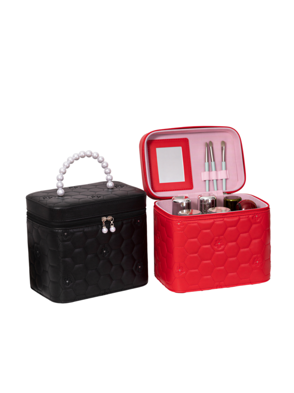 Vanity case rigide pour le maquillage avec perles motif nid d abeille noir et rouge compact et pratique pour cosmétiques