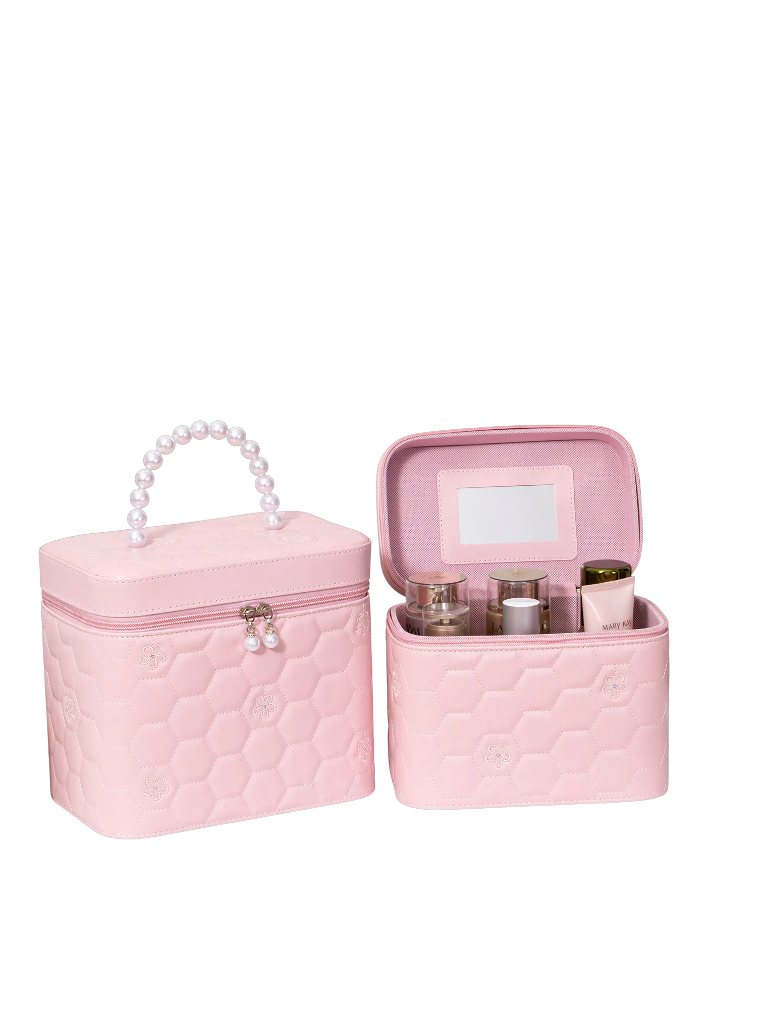 Vanity case rigide pour le maquillage avec perles motif nid dabeille couleur rose dimensions 13 5cm organisation maquillage S