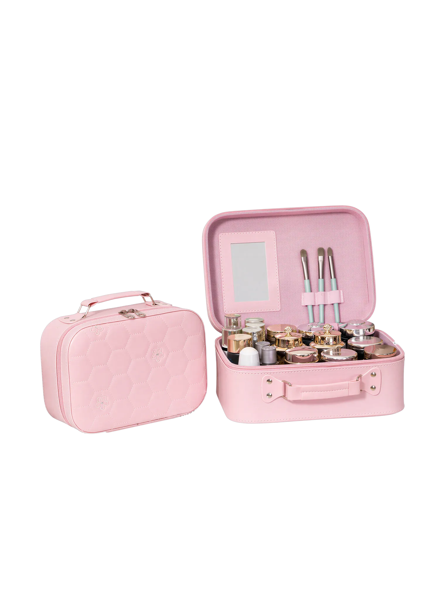 Vanity case rigide pour le maquillage avec perles motif nid dabeille couleur rose ensemble de maquillage pratique et élégant L