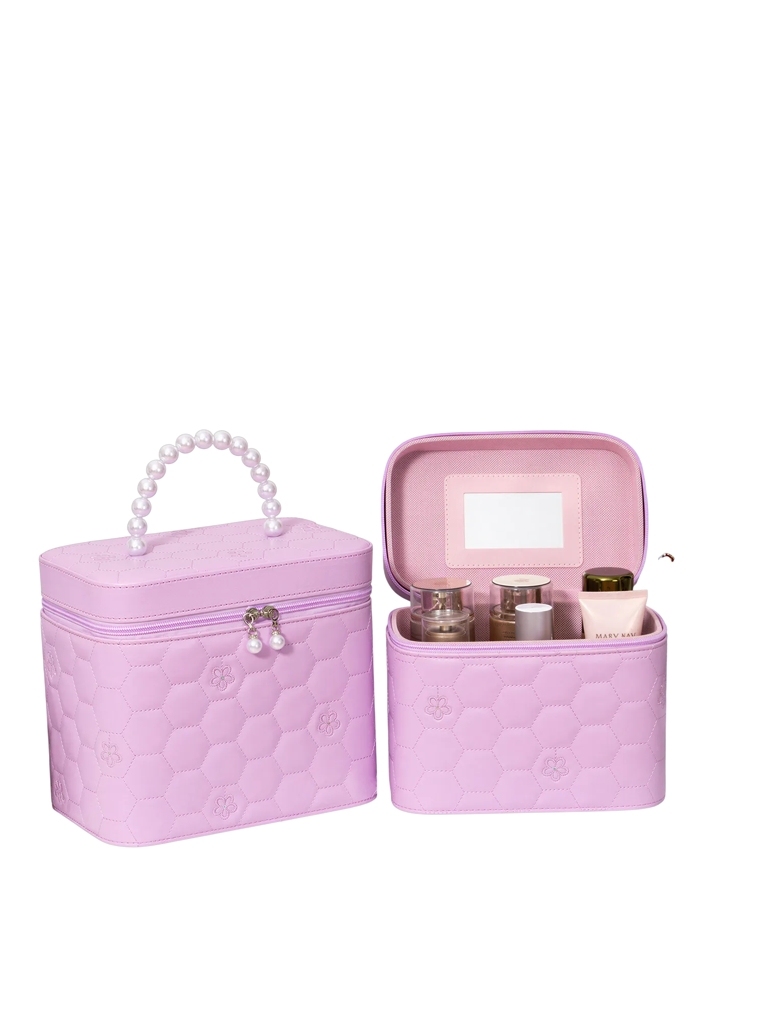 Vanity case rigide pour le maquillage avec perles motif nid dabeille couleur rose hauteur 13 5cm dans un design elegant PU S