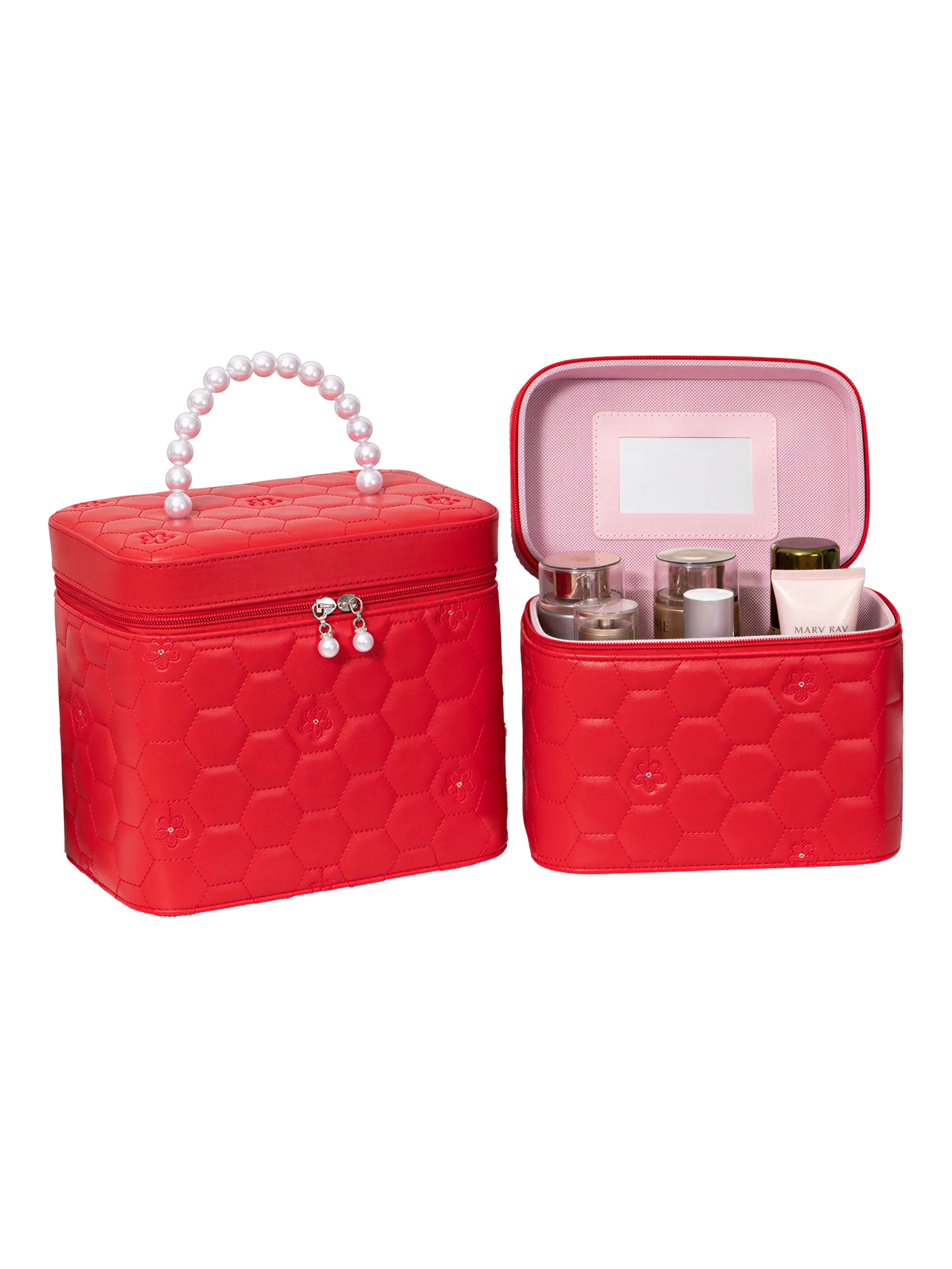 Vanity case rigide pour le maquillage avec perles motif nid dabeille couleur rouge dimension 13 5cm organisation cosmétiques S