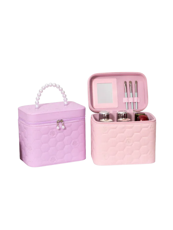 Vanity case rigide pour le maquillage avec perles motif nid dabeille en couleur rose et violet avec accessoires inclus